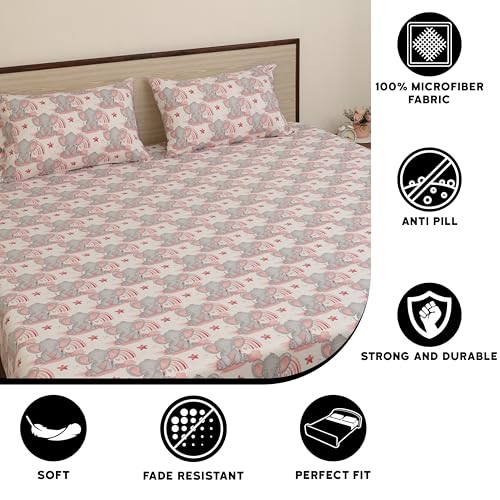 Image of King Size Bedsheet - Cute Elephant Pink - 108 x 108 Inches - Brushed Microfiber Flat Sheet with Pillow Covers - Soft, Cooling, Wrinkle & Fade Resistant