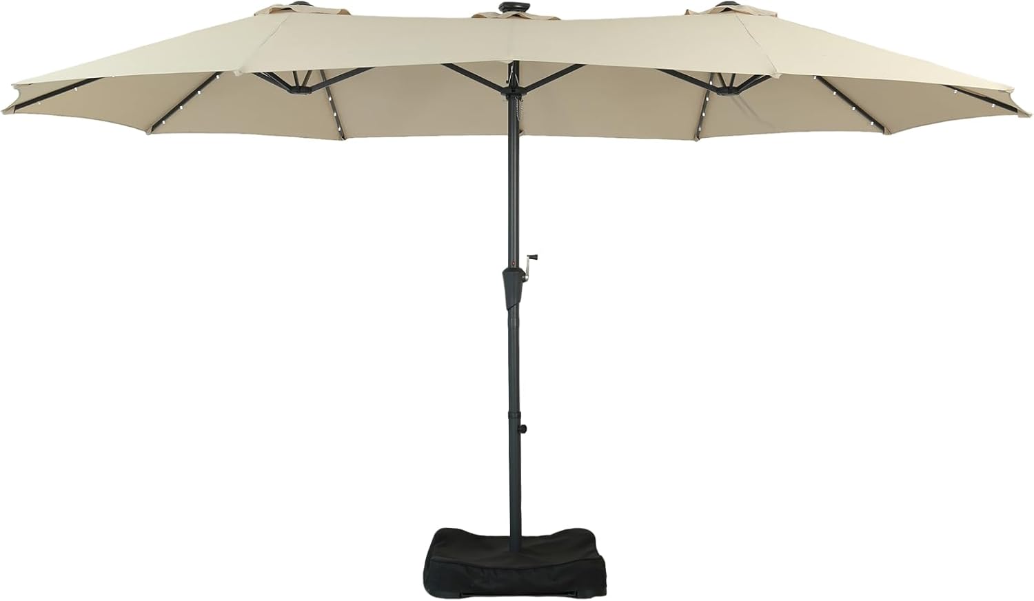 15ft Patio Umbrella with Base&Solar Lights, Large Outdoor Rectangle Double-Sided Umbrella with Crank for Garden Beach Pools Deck-Khaki
