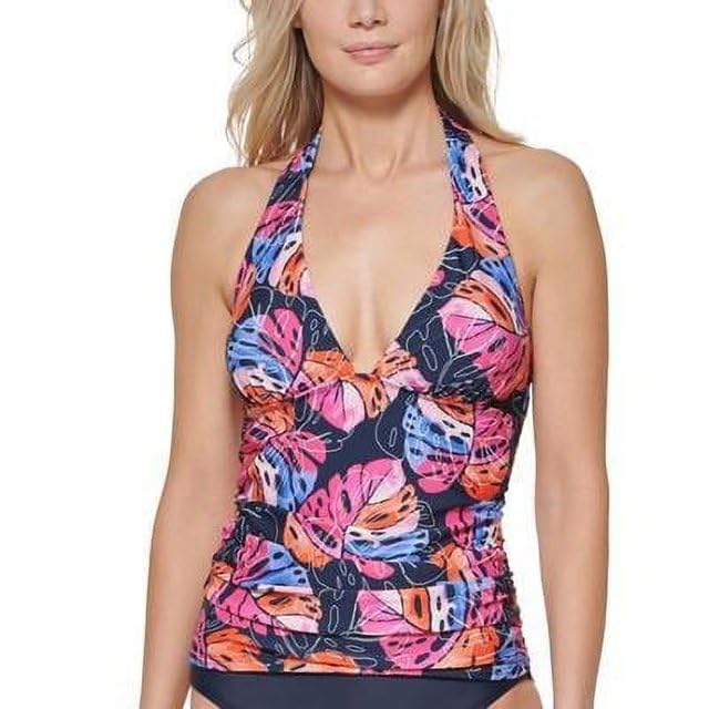 Tommy Hilfiger Printed Halter Tankini Top Monstera Leaf Sky Captain Mult Large Blue