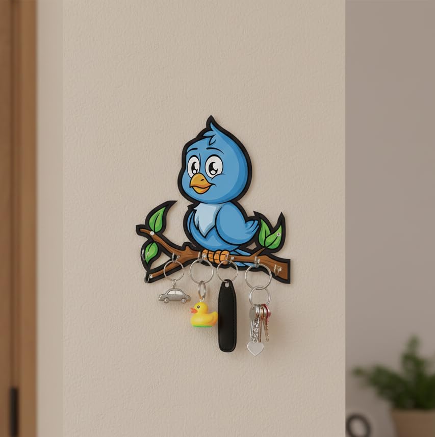Wooden Cute Love Birds Key Holder for Wall Decor - 7 Hooks - Stylish Entryway Wall Hanger & Home Organizer - 7 x 6 Inches (Blue)-image-27