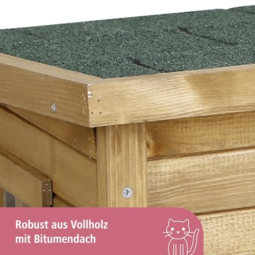 Kerbl Katzenhaus Rustica aus Holz, Schwingtüre mit Lamellen, Plexiglasfenster, Höhenverstellbare Kunststofffüße, Braun/Grün, 57 x 45 x 43 cm