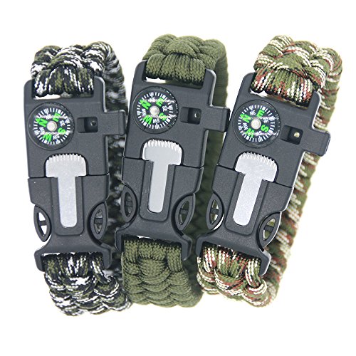 3Bears Outdoor Survival Paracord Bracelet with Compass Fire Starter and Emergency Whistle