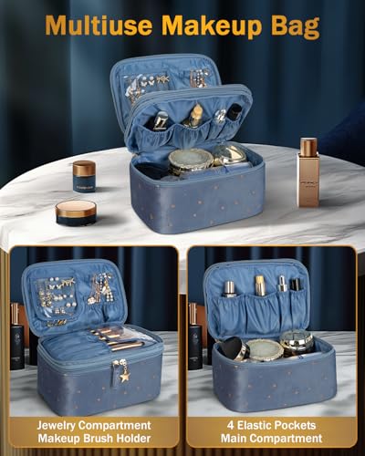 Wedama Makeup Bag Gift for Women, Double-layer Cosmetic Bag with Jewelry Storage and Brush Holder 3 Pcs Velvet Makeup Organizer Bag Gift Set Travel Toiletry Bag for Women Girls, Blue2