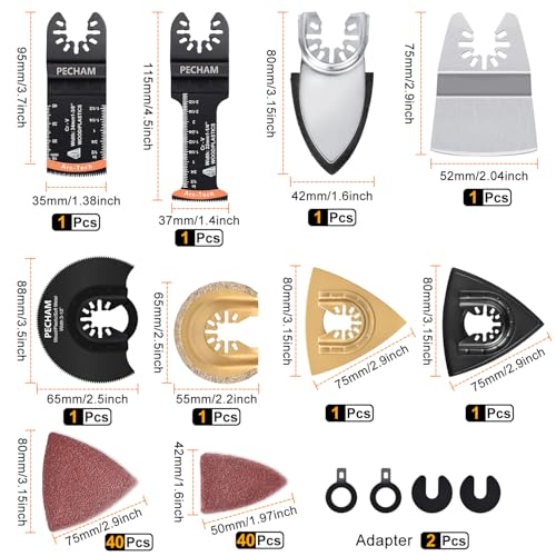 Image of PECHAM 104 Pcs Oscillating Multi Tool Blade, Wood Metal Cutting and Sandpaper Oscillating Tool Accessories with Titanium Quick Tooth Japanese Tooth Multitool Blade Fit More Oscillating Tools