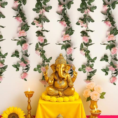 Image of TIED RIBBONS Pack of 2 Artificial Flower Vine Garland Creeper 69 Small Rose (183 cm) Garland for Decoration Wall Door Hanging Home Decor Balcony Indoor Office Ganesh Chaturthi Decoration Items (Pink)