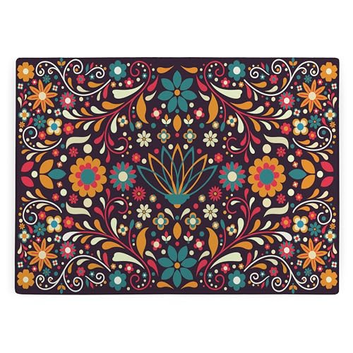 Mexican Floral Large Rectangular Glass Worktop Protector - Multicoloured Floral Homewares Gifts - Smooth Kitchen Chopping/Cutting Board Worktop Saver with Non-Slip Feet 39cm x 28.5cm (15 x 11)