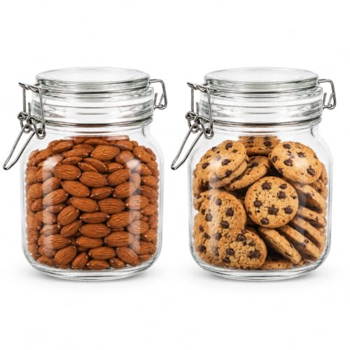 Image of Vasukie 1000ML Glass Jars With Airtight Leak Proof Lids | Wide Mouth Storage Canister Jars Perfect for Kitchen Canning, Dry Food, Spices, Pickle, Coffee, Tea, Snacks, Sugar, and More (Pack of 2)