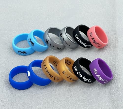 His Queen&Her King Ring Basic and Flat Rubber Silicone Couple Rings Comfortable Silicone Rings Custom Engraved Engagement Gift Wedding Band, Standard US Size 7 to 143