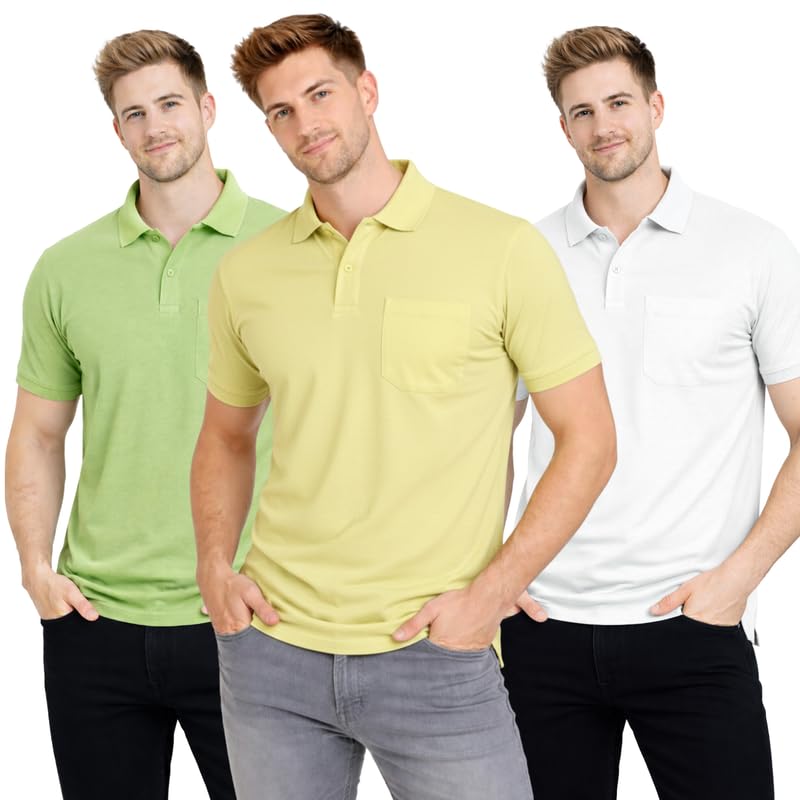 Image of SMAN Polo Neck T-Shirt Pack of 3 for Men & Boys | Half Sleeve Collar Tee with Pocket | Premium Spun Matty Fabric | Casual & Office Wear | Sizes M to 2XL | FX PO3 MCR LMN WHT