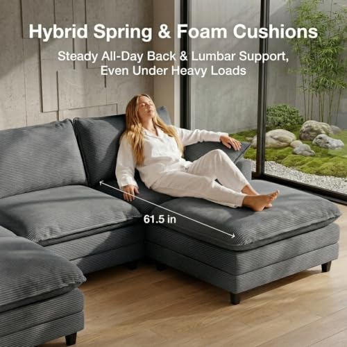 Image of 140.9 inch U-Shaped Modern Sofa Modular Sectional Cloud Couch with 2 Storage Ottoman Coffee Table, 4-Seat Corduroy Deep Seat Sofa with Throw Pillows for Living Room, Bedroom, Office, Grey