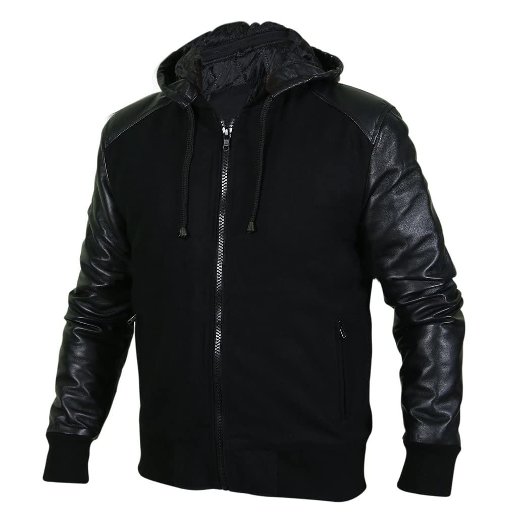 Chaqueta de lana y forro polar negro para hombre, con mangas de piel sintética y capucha extraíble, ajuste delgado, peso pesado para hombre, con capucha casual, Negro - Forro polar., XS
