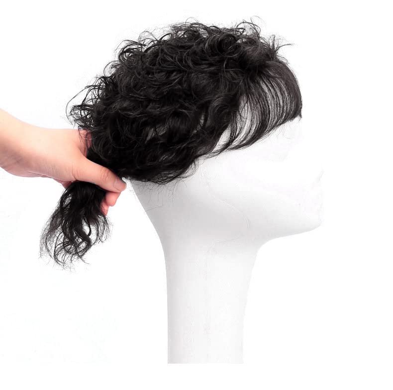 Miniatura 3 de Peluca de cabello humano rizado para mujer, con flecos, parte superior negra, 6.3x7.1 in, base de seda, cierre de peluca de cabello humano con clip