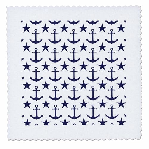 3dRose Navy Blue and White Anchor and Nautical Star Pattern Quilt Square image