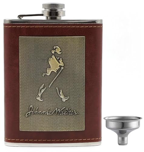 Image of JWPM Stainless Steel Hip Flask with Funnel 8 Oz (236 ml) I Stitched PU Leather Cladding with Metal Plate Design Whiskey Flask I Unisex Alcoholic Drinks Holder Pocket Bottle (JWP Maroon+Funnel)