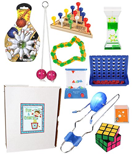 10 Piece Bundle of Retro Classic Activities, Toys & Games for Kids or Adults (Includes Light up Gyro Wheel, Mini Bowling, Tricky Triangle, Clackers, Water Wheel, Brain Teaser & More)