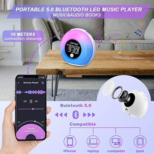 Canyheio Alarm Clock For Kids,Wake Up Light Sunrise Alarm Clock,Light Alarm Clock,Bluetooth Alarm Clock,7 Color Night Light Bluetooth Speaker Alarm Clock For Teens Boys Girls Bedroom Party(White) #TOP2