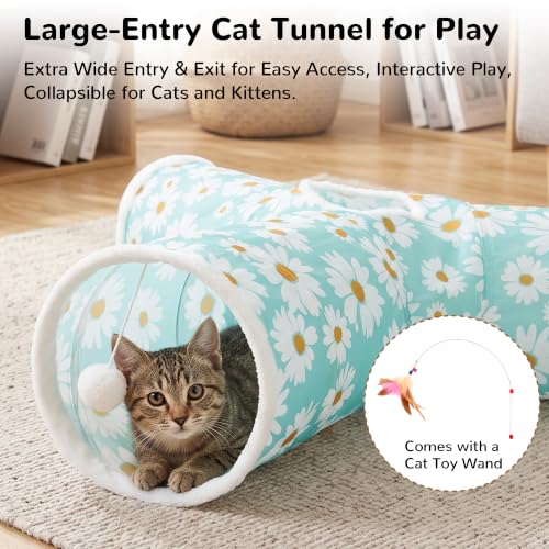 Image of Tempcore Cat Tunnel, 3-Way Collapsible Toy, Large Size Daisy Blue Printed | Large Size 3-Way Cat Tunnel Provides More Room for Cats to Run, Hide and Chase, with Peek Holes, Hanging Ball and Teaser Wand