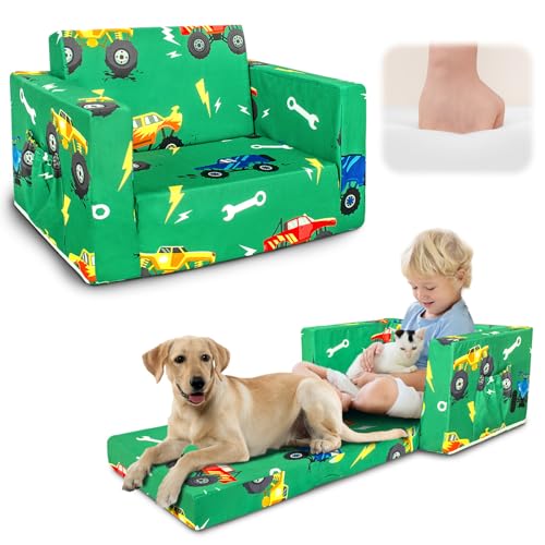 Image of Beavtaens Kids Couch, 2-in-1 Kids Fold Out Sofa, Convertible Toddler Couch to Lounger for Girls and Boys, Soft Toddler Chairs Comfy 1-3 Years Old (Green Monster Truck)