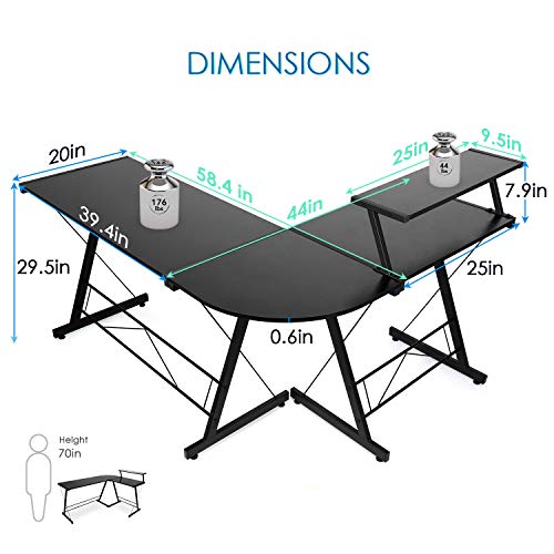 SIMBR L-Shaped Desk 58.4” Computer Desk, Corner Gaming Desk with Shelf, Home Office Desk Space-Saving Study Table Writing Workstation, Easy to Assemble, Black