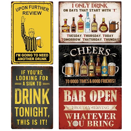 5-Pack Vintage Metal Bar Signs Set - Funny Bar Decorations