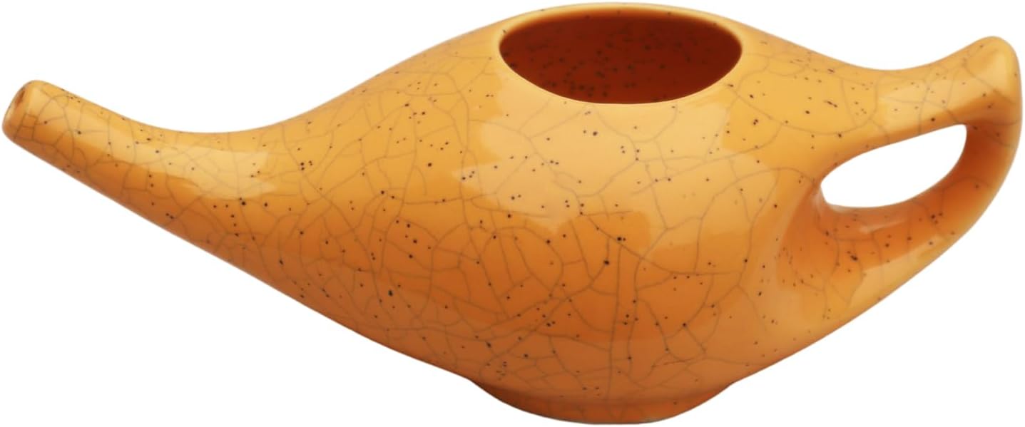 ANCIENT IMPEX Ceramic Neti Pot 250 ml (Crackle Orange) with 5 Neti Salt Sachets – Ayurvedic Nasal Wash for Sinus Relief, Allergy & Congestion, eco-Friendly Nasal Cleansing Pot