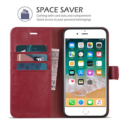 Tucch Iphone 8 Plus Case, Iphone 7 Plus Wallet Case, Magnetic Closure Card Slots Money Pouch, Stand Pu Leather Purse Cover Flip Book [Tpu Interior Case] Compatible With Iphone 8 Plus/7 Plus, Dark Red #TOP2