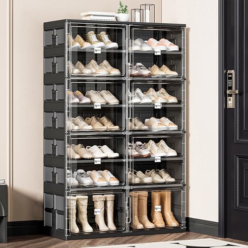 28 Pairs Portable Shoe Storage Cabinent of 3-Step Fast Installation,Black Foldable Shoe Organizer Box with Magnetic Clear Door for Entryway, Enclosed Shoe Rack for Sneaker, Heels etc.. (2Row,7Tier)