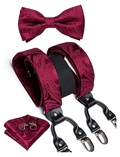 Image of DiBanGu Paisley Bow Tie and Supenders for Men Tuxedo Heavy Duty 6 Clips Suspender Adjustable Y-Shape Mens Trouser Braces