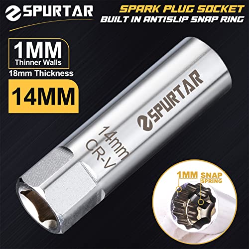 Image of Spurtar 14mm Spark Plug Socket 12-Point Thin Wall 3 /8 inch Drive Spring Clips | Spring Clips, Spark Plug Removal Tool, Cr-V Steel Wrench, Compatible with BMW, Mercedes, Nissan, Mini Motorcycle, Car, SUV