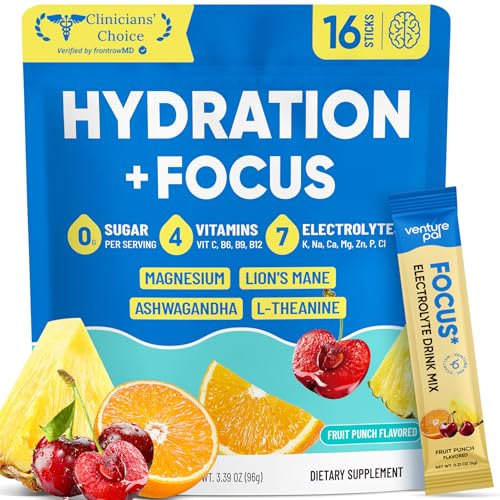 Image of Venture Pal Sugar Free Hydration + Focus Electrolyte Packets, 16 Sticks | 7 Electrolytes + Vitamins, Magnesium, Lion's Mane & Ashwagandha, Boost Clarity & Energy, Electrolytes Powder, Vegan, Keto