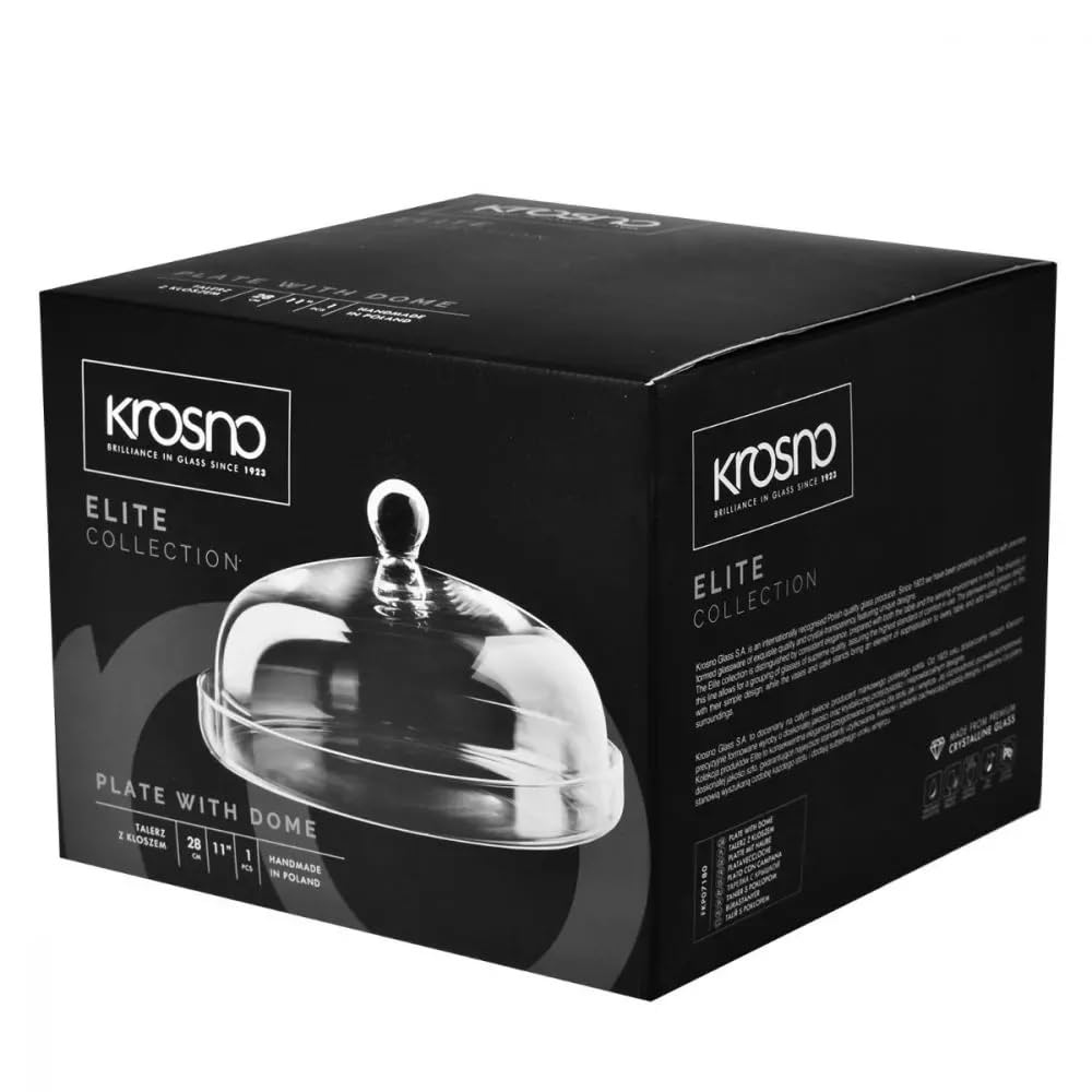 Krosno Plateau avec Cloche Elite, 28 cm, Verre de Haute Qualité, Plateau à Fromage Élégant avec Cloche, Idéal pour Fromages, Desserts, Présentations, Design Raffiné, Cristal sans Plomb