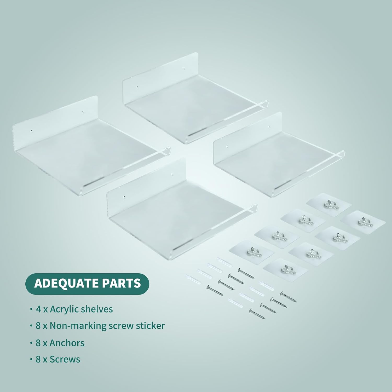 Floating Acrylic Shelves, 8X6 Inch Clear Wall Shelf, Small Plant Shelves, Picture and Toy Display Stand (No Drill, 4 Pack)