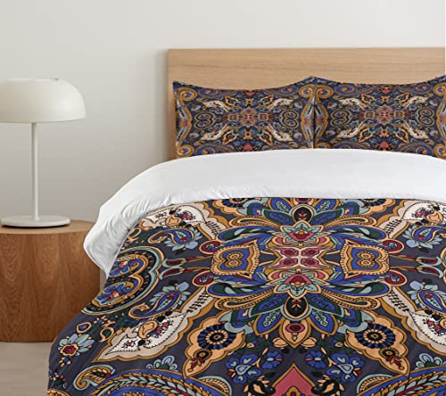 Ambesonne Paisley Duvet Cover Set, Historical Moroccan Florets Slavic Effects Heritage Design, Decorative 3 Piece Bedding Set With 2 Pillow Shams, Queen Size, Royal Blue Sand Brown #TOP4