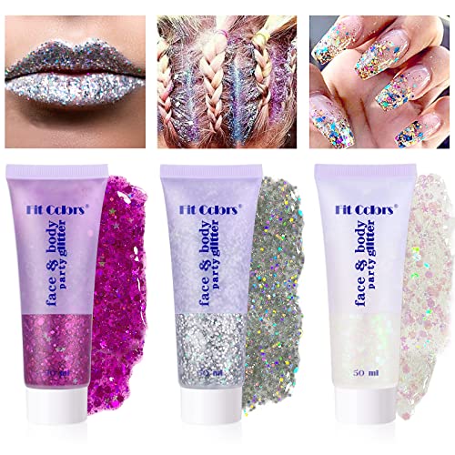 KYDA 3 colores holográfico chunky Glitter facial y corporal geles, brillo corporal, gel brillante para la cara, brillo brillante de larga duración para cara, cuerpo, cabello, uñas B Cover