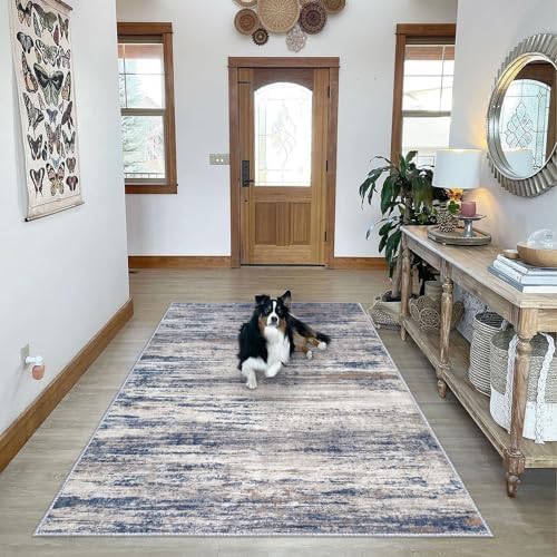 KOZYFLY Area Rug 6x9 Modern Ombre Thin Rugs for Living Room, Washable Large Rugs Non-Slip Soft Striped Rug for Bedroom, Print Distressed Grey-Blue Abstract Carpet for Laundry/Kid Room