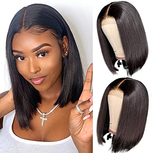Earfodo Short Bob Wig Human Hair Wigs for Women Middle Part Natural Black Lace Front Wig 14 Inch Shoulder Length 4x4 Straight Lace Wig