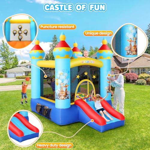 AKEYDIY Inflatable Bounce House,Kids Bouncy Castle for 2~10, 8.9 ft L x 5.9 ft W x 6.9 ft H Indoor/Outdoor Bouncy House with 470W Blower,Pastel Bouncer Slide with Safety Net,Basketball Rim&Fun Toys - Image 5