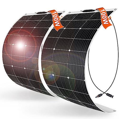 DOKIO フレキシブル 200W ソーラーパネル 100w*2枚 単結晶 ETFE 超軽 極薄ｍｃ４コネクター ポータブル電源充電用 太陽光パネル 曲げ可能 防水防塵 車中泊 野外 災害対策 変換効率23% 超薄型 超軽量 地震停電 防災予備品 車中泊 船 キャンプ 非常用 4つの鳩目（接続取付穴）付き 自作のソーラー発電に最適な小型・車用・家庭用太陽光パネルのサムネイル