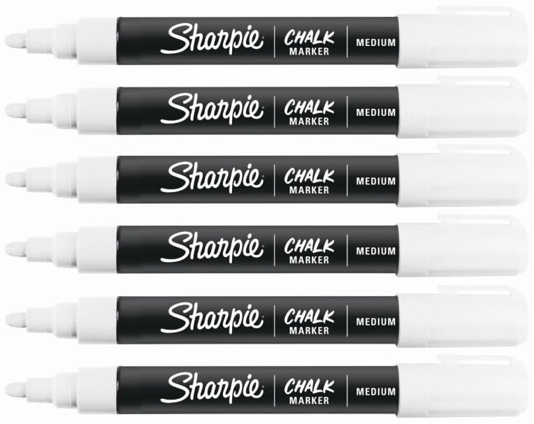 Sharpie Chalk Marker Pens | 6 Pack | Medium Point, Bullet Nib | For Black Boards, White Boards, Light Boards, Plastic, Metal, Glass & More | White | Loose in Plain Packaging