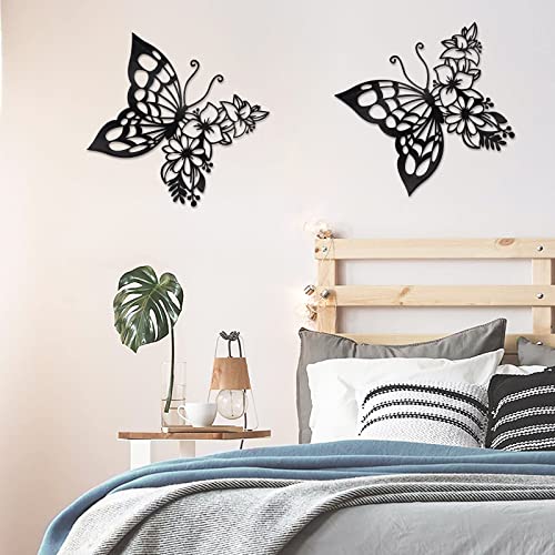 Image of 2pcs Butterfly Decoration Wall Art Boho Wall Home Decor Hanging Appearance Wall Decor Metal Hanging Butterfly Decor Flower Wall Art for Bedroom Living Room Home Wall,Black(Medium)