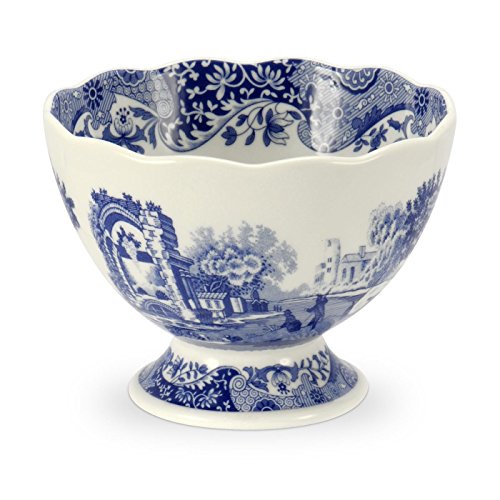 Image of Portmeirion Blue Italian Footed Bowl | Made of Porcelain | Berries, Sweets, and Chocolate Bowl | Scalloped Edge | Measures 4.75-Inch | Dishwasher and Microwave Safe