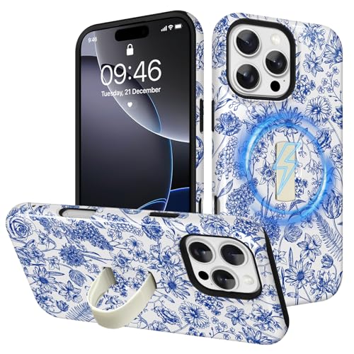Image of Magnetic for iPhone 16 Pro Case with Finger Strap Kickstand [Compatible with Magsafe] Cute Flower Floral Pattern Design, Dual-Layer Shockproof Protective Cover for Women Men, Blue