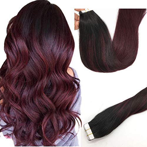 Misstar Balayage Ombre Tape in Hair Extensions Human Hair 20pcs/50g Ombre Black to Red Real Balayage Remy Human Hair Extensions 18inches