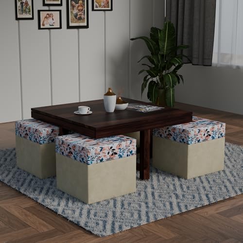 Image of Soild Sheesham Wood Centre Coffee Table with 4 Stools for Living Room Hall Bedroom Office | Wooden Center Coffee Table for Outdoor Garden Home | (Dark Oak)