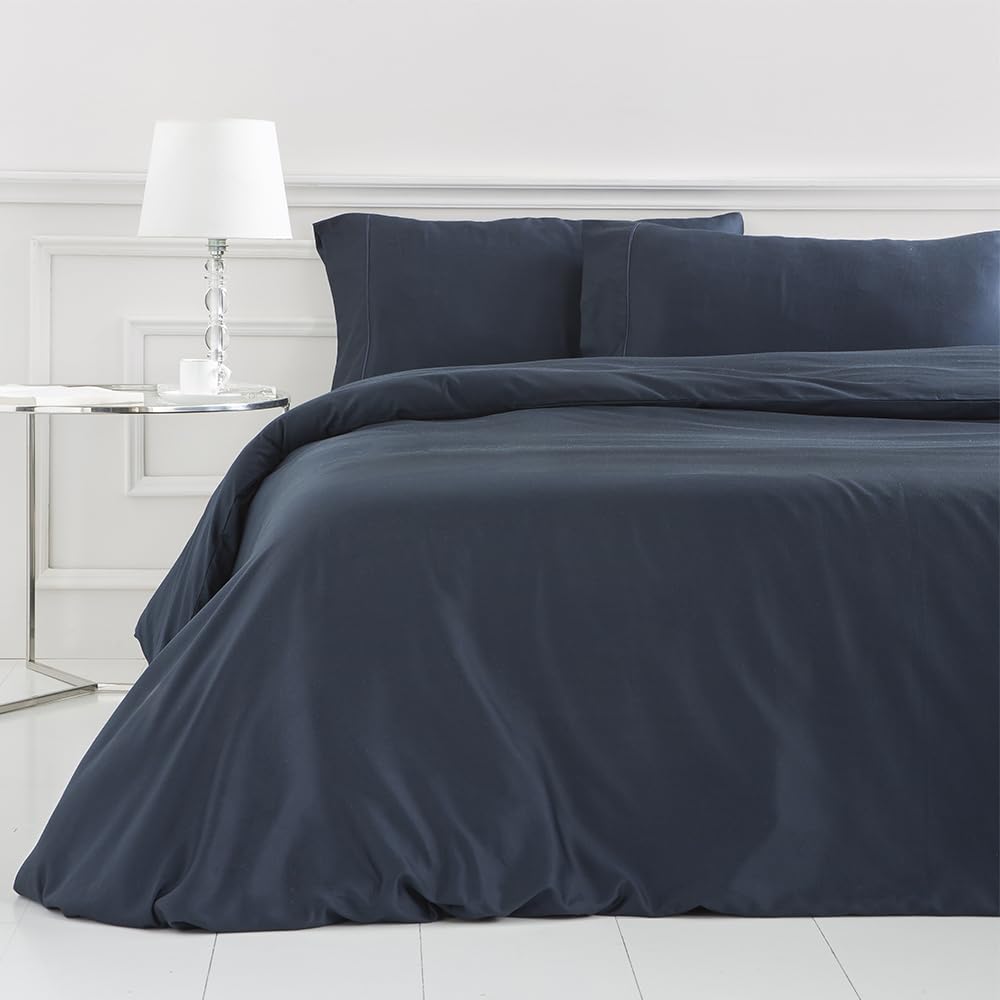 COTTON ARTean Funda Nórdica cama 105 satén algodón 400 Hilos LOREA Azul Funda edredón 180x220 + 1 Funda Almohada + Bajera Ajustable Cierre con Botones.