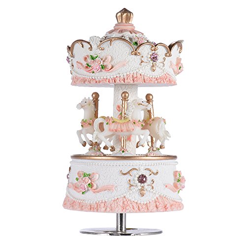 Muslady Laxury Windup 3-horse Carousel Music Box Artware/Gift Melody Castle in the Sky Pink/Purple/Blue/Gold Shade for Option (Pink)
