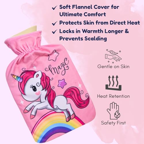 Unicorn Magic Wärmflasche mit weichem Flanellbezug, BS1970-zertifiziert, auslaufsicherer Naturkautschuk-Wärmbeutel für Krämpfe, Schmerzlinderung & Winterwärme, große Öffnung für sicheres & einfaches