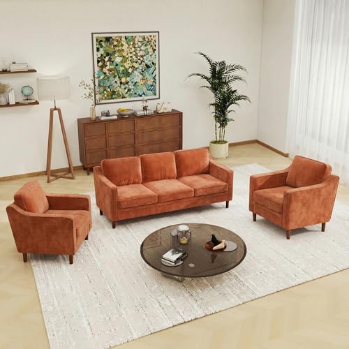 Image of Kingfun Couch Sets for Living Room, 3 Seater Couch and Armchair, Mid Century Modern Sofa Set, Chenille Couch with Solid Wood Frame for Bedroom