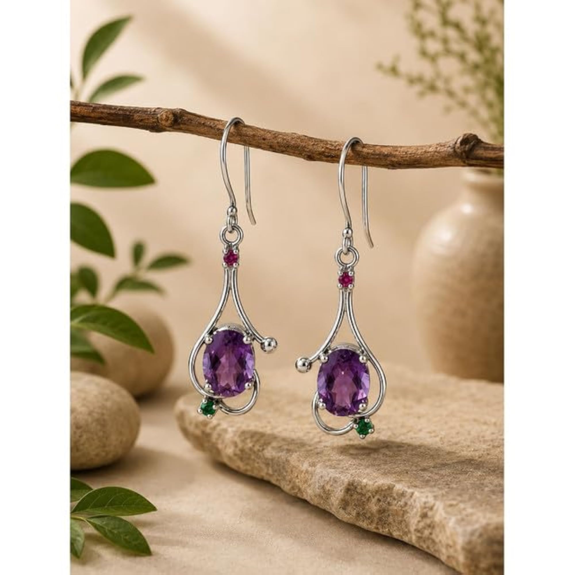 Women's 925 Sterling Silver Amethyst & Ruby Dangle Earrings