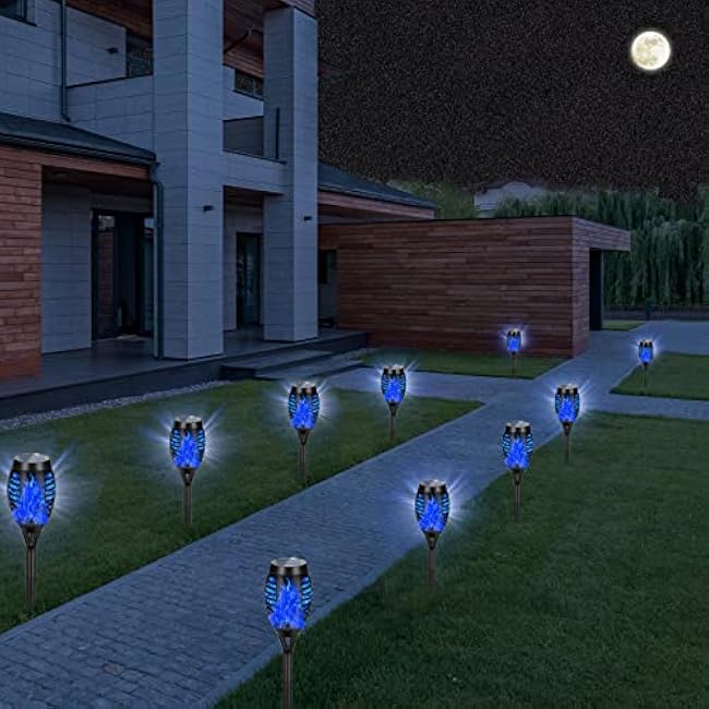 4 Pack Solar Torch Lights Outdoor Waterproof - Blue Flickering Flame, Outdoor Solar Garden Lights for Yard, Tiki Torches for Outside Patio Pathway Decorations